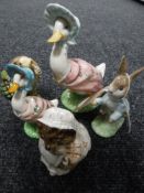 Five John Beswick and Royal Albert figures - two Jemima Puddleduck, Miss Tiggy Winkle, Peter Rabbit,