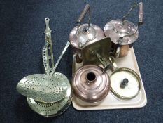 A tray of two antique copper kettles,