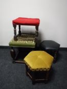A tapestry seated stool on bulbous legs and three further footstools