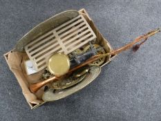 A box of vintage kitchen scales, hunting horn, embossed brass plaques,