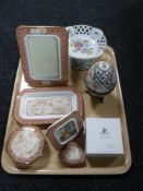 A tray of five pieces of Wedgwood Venus china, floral gilded comport, decorative egg,