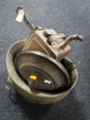 An antique brass lion mask handled planter together with a vintage oil can and assorted metal ware