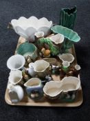 A tray of Hornsea fauna vases, Wedgwood vases, Royal Doulton vase,