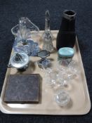 A tray of early 20th century liqueur glasses, Art Deco perfume bottle, two silver rimmed bottles,