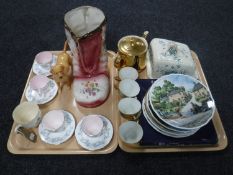 Two trays of Foley tea cups and saucers, collector's plates including Royal Doulton and Coalport,