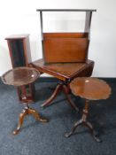 An inlaid mahogany flap sided pedestal table, together with an inlaid mahogany magazine table,