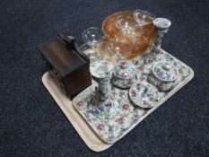 A tray of six piece Victorian floral china trinket set, dolls house dressing chest,