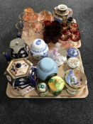 Two trays of assorted glassware, carnival glass, Japanese vases, Coalport figurine, Arthur Wood,