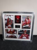 A framed Michael Schumacher sporting montage with signed cap