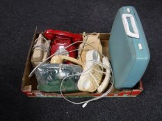 A box of Smith Corona typewriter and five assorted telephones