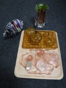 Two coloured glass five piece trinket sets,