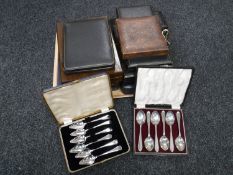 Twelve cases including of assorted cutlery including fish cutlery, dessert servers, tea spoons,
