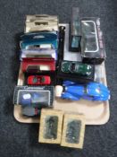 A tray containing assorted boxed and unboxed die cast cars, a Aulos recorder,