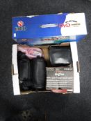 A box of assorted cameras and equipment and a boxed Naiko DVD player