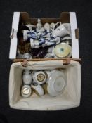 A box and wicker basket of Chokin china, assorted figures,