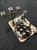 A tray of assorted plated ware - candlesticks, goblets on tray, wine cooler,