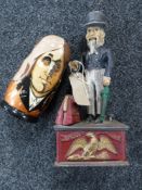 A cast iron Uncle Same savings bank and a set of Beatles dolls