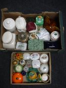 Two boxes of assorted tea caddies, trinket dishes,