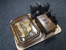 A tray of assorted wooden pieces including a musical trinket box in the form of a coffer,