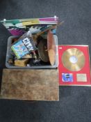 A joiners tool box together with a box containing assorted oriental figurines, bag of wristwatches,