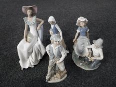 Four Nao figures, lady seated with fan, shoe shine boy,