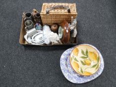 A box of pewter tankards, wicker basket, circular barometer,