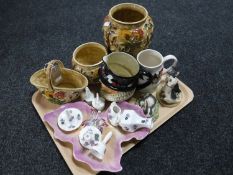 A tray of two hand-painted Indian Tree vases with matching baskets, two John Beswick animal figures,