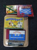 A tray containing a Subbuteo angling set, together with two Mahjong sets, Newfooty table soccer,