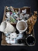 Two boxes containing figurines, Oriental figures, china bells,