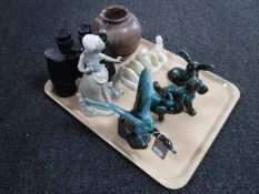 A tray containing a pair of Solother 7x50 field glasses, marble vase, Nao figure, Lurpak toast rack,
