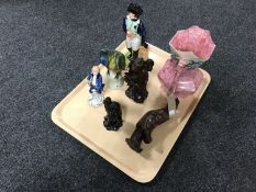 A tray of Maling lustre jug, two carved oriental figures, figure of a gentleman in highland dress,