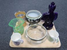 An Adelphi of New York crystal bowl with plated rim, Art glass vase, pair of antique Maling mugs,