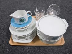 A tray containing six glass sundae dishes together with twenty-one pieces of J & G Meakin studio