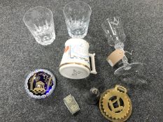 Eight items bearing Freemasons insignia including wine glass, whisky tumbler, salt cellar,