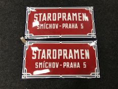 Two European Staropramen enamelled signs