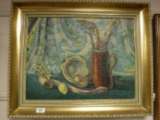 Liz Tyler (British Contemporary), still life of vegetables and pottery, oil on board, signed,