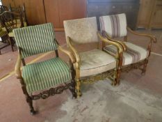 Three scroll arm armchairs