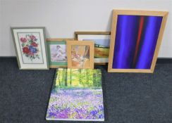 A group of pictures and prints, embroidery,