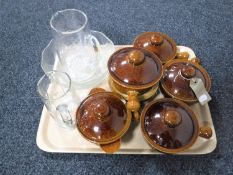 A tray containing three pieces of glass ware together with six Wattisfield Ware lidded bowls