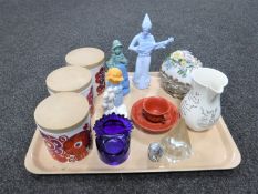 A tray of Avon scent bottles, Chinese style redware cup and saucer, Staffordshire storage jars,