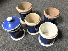 Five crackle-glaze apothecary-type jars (one with lid)