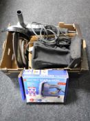 A box of angle grinder and grinding discs, staple gun,