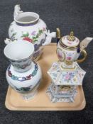 A tray of Franklin Mint oriental vase, House of Faberge teapot,