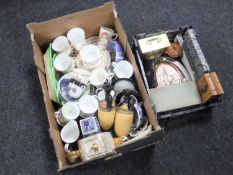 A box and a crate of commemorative china, mantel clock,