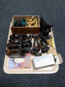 A tray of smoking pipes, USSR binoculars, boxwood chess set etc,