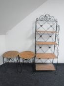 A metal and wicker four tier standing shelf,