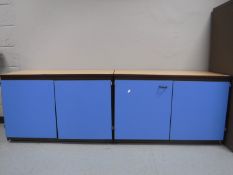 Five metal framed stacking chairs together with two double door office cabinets