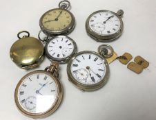 A silver cased key wound fob watch, a Waltham gold plated pocket watch, three other pocket watches,