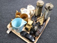 A tray of pottery steins, shaving mugs,