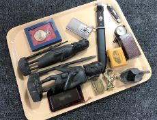 A tray of replica German knife, compass, two carved African figures,
